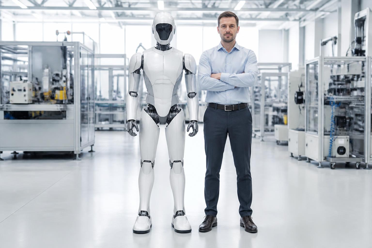 Humanoider Roboter arbeitet neben einem Industrieroboter in einer Produktionsumgebung